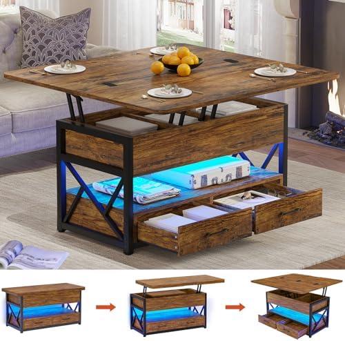 Versatile Lift Top Coffee Table with LED Light & Storage